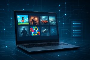 A laptop displaying a variety of game covers in a digital setting