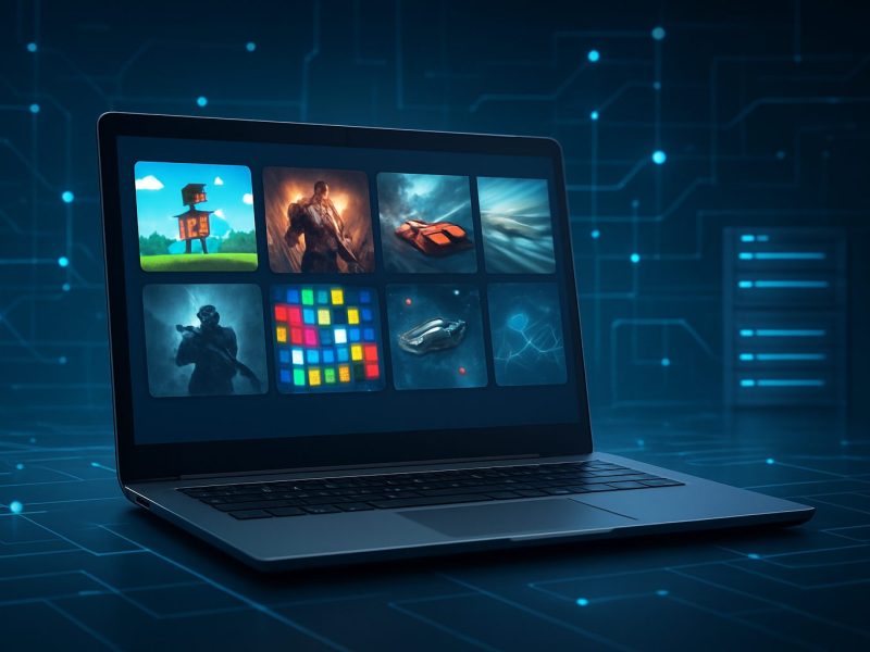 A laptop displaying a variety of game covers in a digital setting