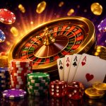 Colorful assortment of casino chips, playing cards, and a roulette wheel on a dark background