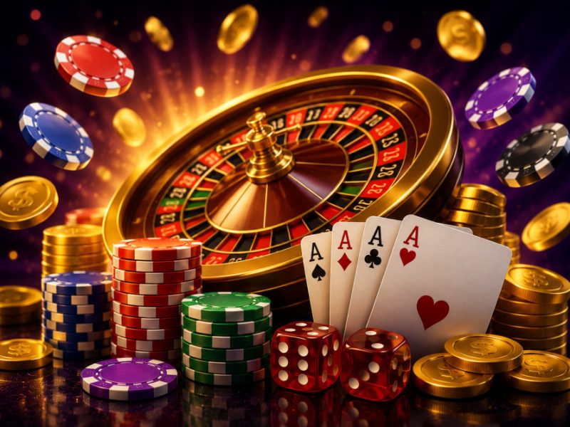 Colorful assortment of casino chips, playing cards, and a roulette wheel on a dark background