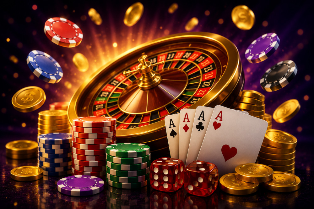 Colorful assortment of casino chips, playing cards, and a roulette wheel on a dark background