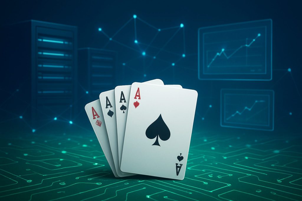 Four playing cards showing aces on a digital background with graphs and data connections.
