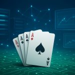 Four playing cards showing aces on a digital background with graphs and data connections.